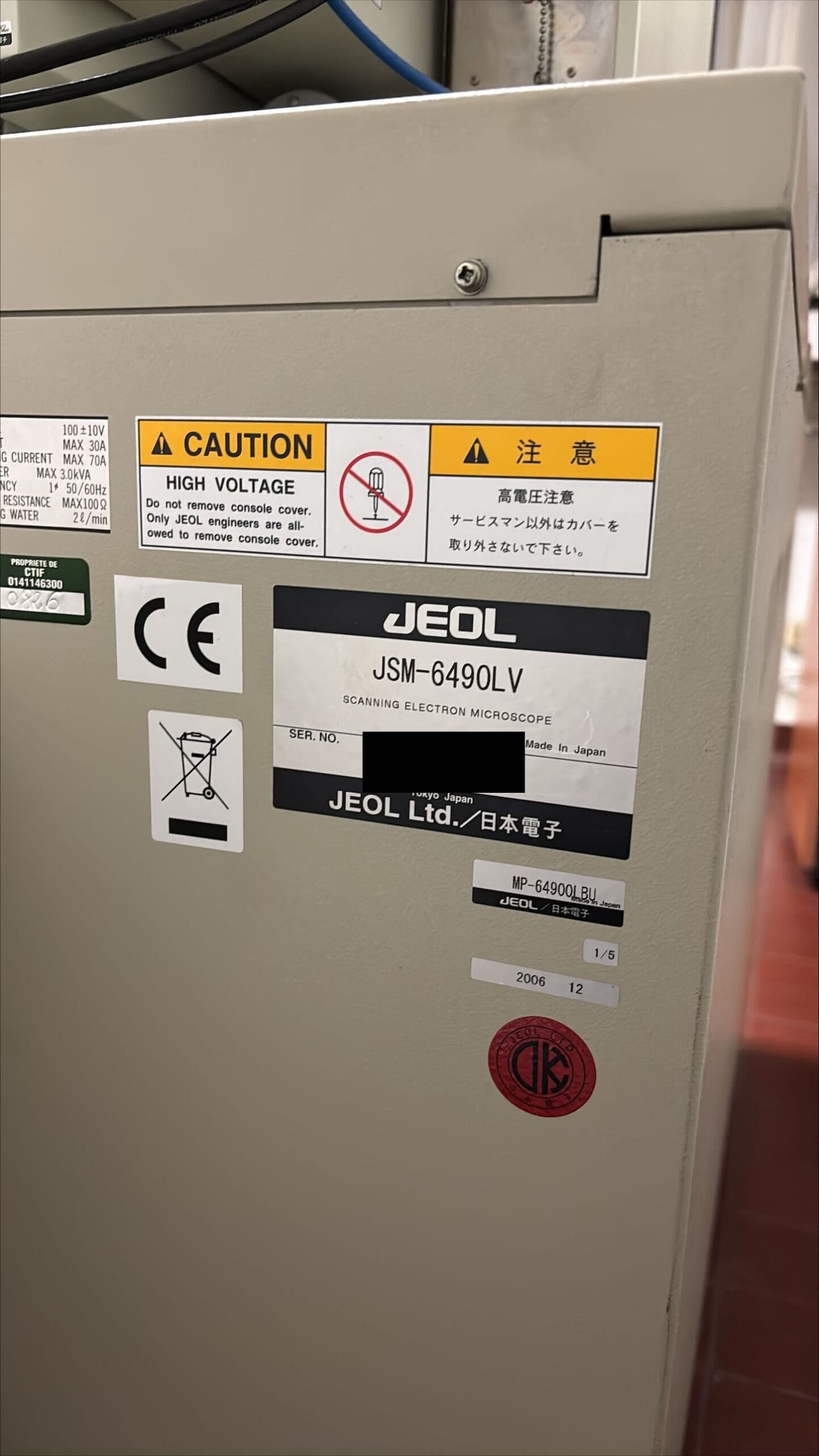SEM JEO 003 JEOL JSM 6490LV Scanning Electron Microscope 08 ID Plate Regen Microscopy used second hand electron microscope for sale